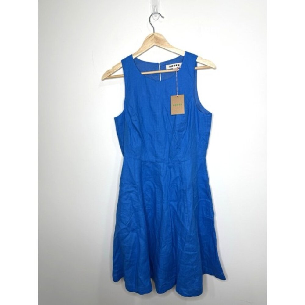 NEW Boden Dress US 6 Carla 100% Linen Short Sleeveless Blue Fit and Flare Pocket